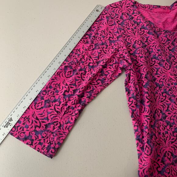 Fresh Produce Top Size Medium Pink Purple V Neck 3/4 Sleeve Cotton Damask Print - Picture 6 of 12